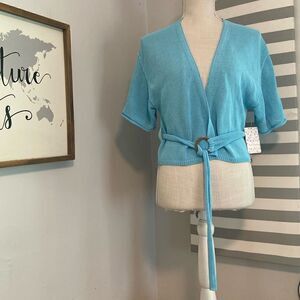 Free People Oh Hello Blue Clear Day Lightweight Belted Knit Cardigan Size Sm NEW